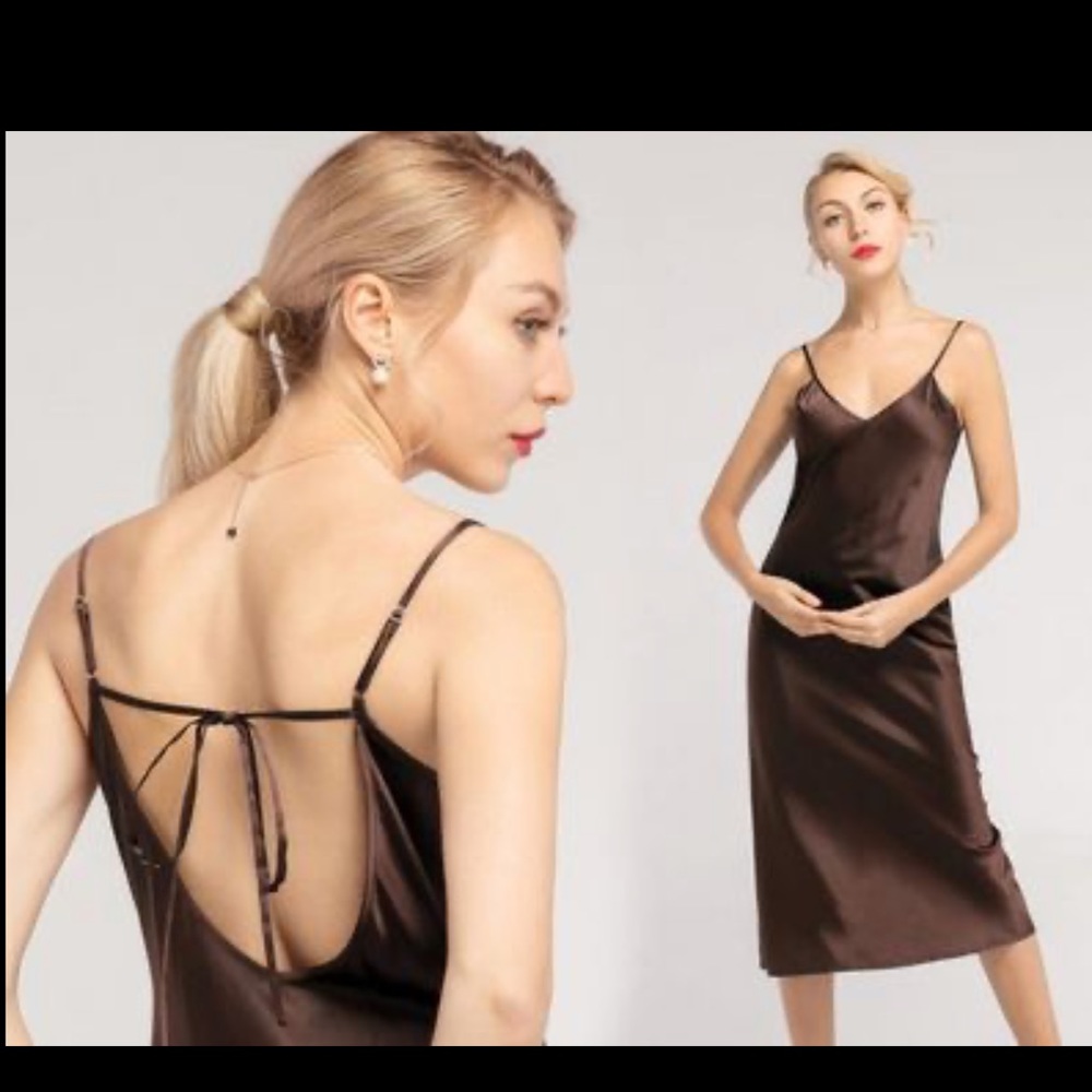 Midi Champagne Satin Silk Nightgown Sleepwear Dress NWT